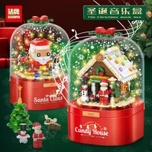 Boîte à musique de noël, jouet musique sonore neige père noël bonhomme de neige maison de bonbons modèle bricolage blocs de construction jouets cadeau du nouvel an 2021