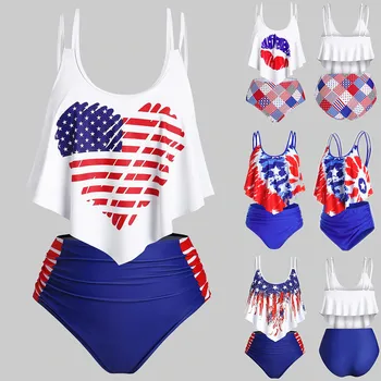 

2020 New Women's Bikini US Flag Print Set Swimsuit Two Piece Bra Swimwear multicolor plus size swimsuit bikini beachwear