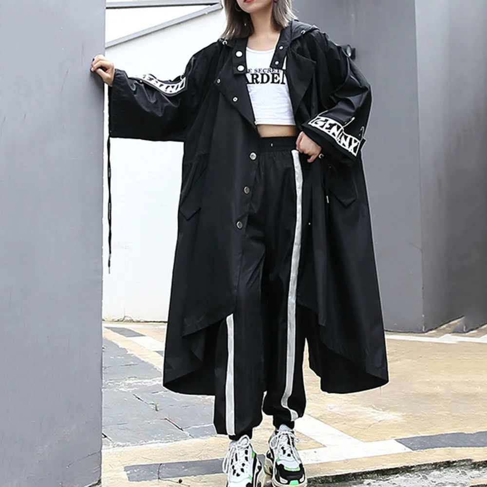 Korea Punk Long Loose Black Trench Coat Women Goth Batwing Sleeve Overcoat Autumn Winter Streetwear Oversize Outwear Jacket