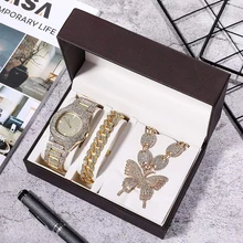 

Women Quartz Watch Set Gold Watches Necklace Bracelet Cuban Chain Butterfly Rhinestones Bling Jewelry 3Pcs Gifts Female Relogio