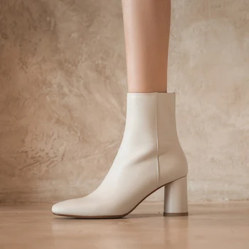 

Elegant square Toe Women's Winter Boots Genuine Leather Zipper High Heels Shoes Woman Party Wedding Women's Boots size 41 42 43