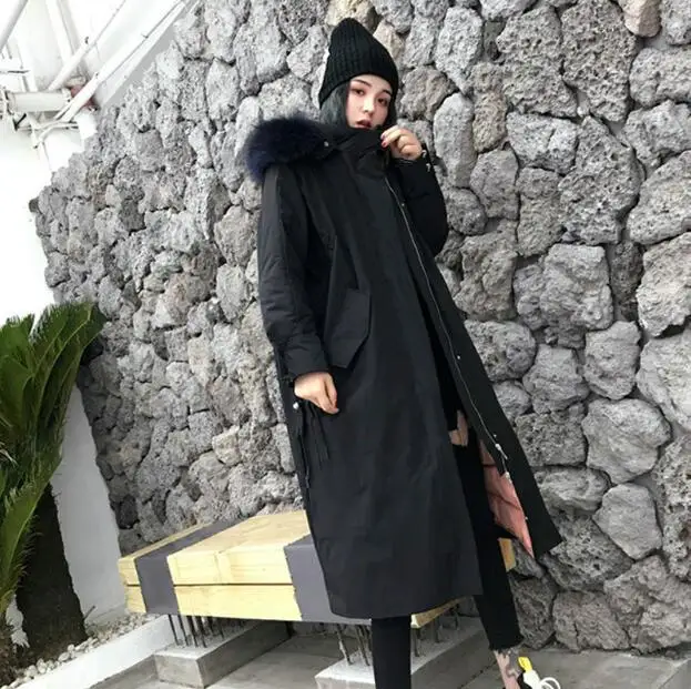 bigblackcolorfur Большой воротник из натурального меха енота,, женский зимний пуховик, пальто с капюшоном, длинное пальто, женское, утолщенное, теплое, белое, утиный пух, парки - Цвет: bigblackcolorfur