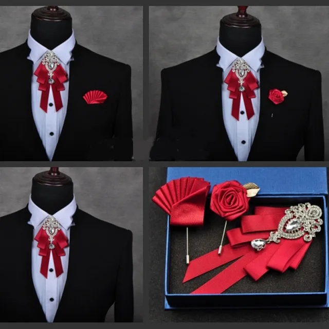 High quality Fashion Handmade Red Diamond Bow Tie Wedding Collar Bowtie Brooch Pocket Towel Square Set