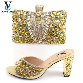 

Fashion Rhinestone Woman Shoes And Matching Bag Set Novelty Style Gold Color Pumps Shoes And Bag Set For Party Wedding