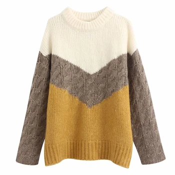 

2020 fashion thick patchwork pullover sweater women o neck warm autumn winter jumper casual pull female sweaters free shipping