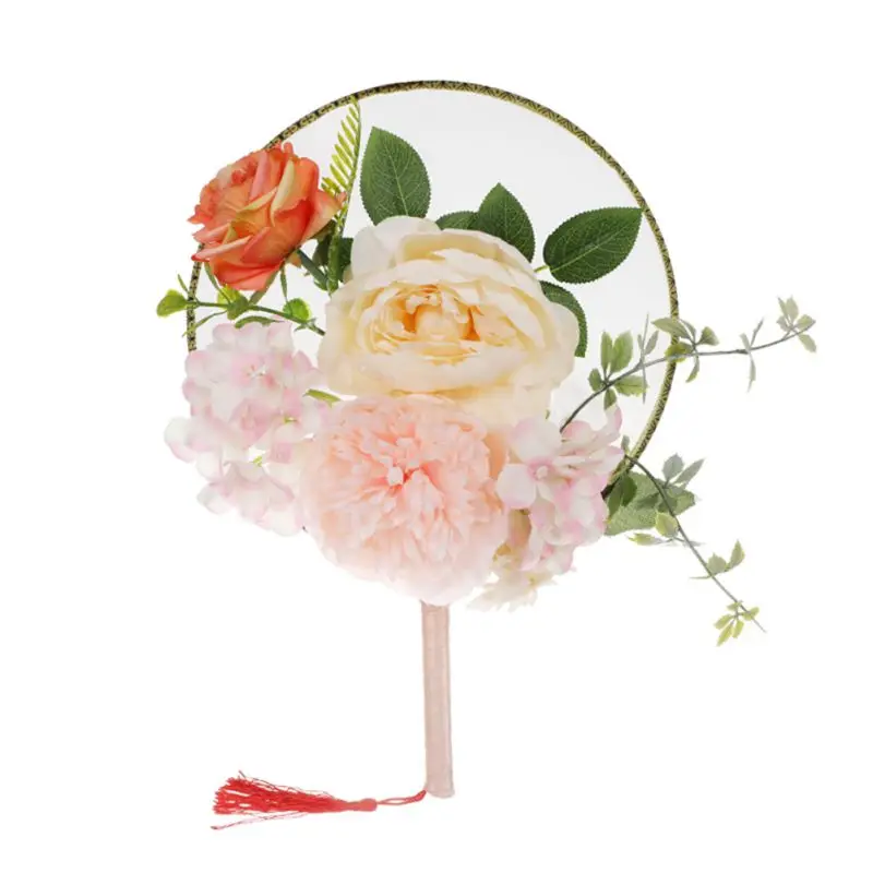 

Chinese Style Round Hand Fan 3D Artificial Flowers Decorative Fans For Wedding Costume Accessories, Photography Props PL