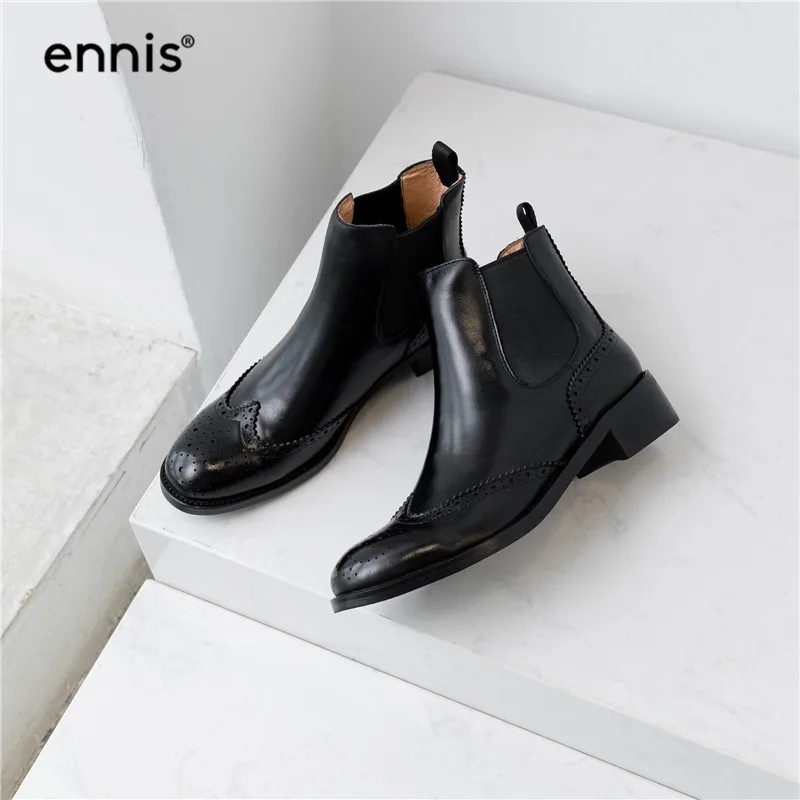 ENNIS/брендовые черные броги; женские ботинки; ботинки «Челси» из натуральной кожи; лакированные ботильоны; обувь на плоской подошве; женская модная Осенняя обувь; A9336