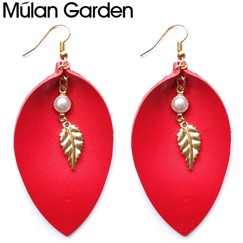 

M&G Red Real Cowhide Leather Earrings Gold Color Leaf Pearl Pendant Leaf Earring Fashion Jewelry Women Accessories Hot Sale Gift