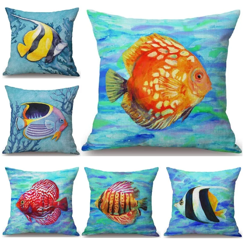 

Marine Cushion Cover Ocean Fish Painting Linen Pillow Cover Car Sofa Living Room Throw Pillows Home Decoration Pillowcase