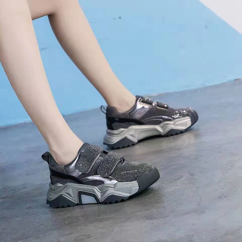 Роскошные Брендовые женские кроссовки на платформе с кристаллами; повседневные кроссовки на массивном каблуке; женская обувь из вулканизированной кожи; basket femme