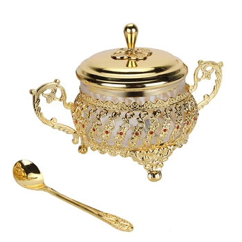 

Unique Jars European Style Gold Finish Metal Glass Salt/Sugar/Tea/Coffee Jar High Quality Tableware Dinnerware Home Table Decor
