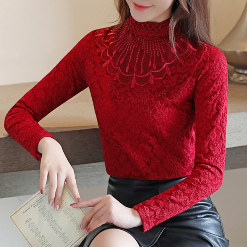 Blusa manga larga mujer blusas mujer de moda Женские топы и блузки кружевные женские топы Осень Зима размера плюс женские 7098 50