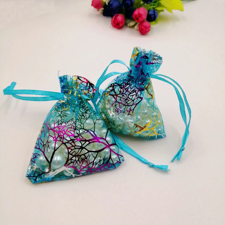 100 шт. синяя Коралловая органза сумка мешок со шнурком сумка шкатулка для украшений Подарок для СР Рождественская коробка витрина для украшений сумки