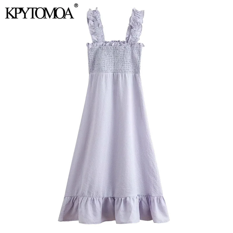 KPYTOMOA Women 2020 Chic Fashion Elastic Smocked Ruffled Midi Dress Vintage Side Zipper Straps Female Dresses Vestidos Mujer KPYTOMOA Women 2020 Chic Fashion Elastic Smocked Ruffled Midi Dress Vintage Side Zipper Straps Female Dresses Vestidos Mujer