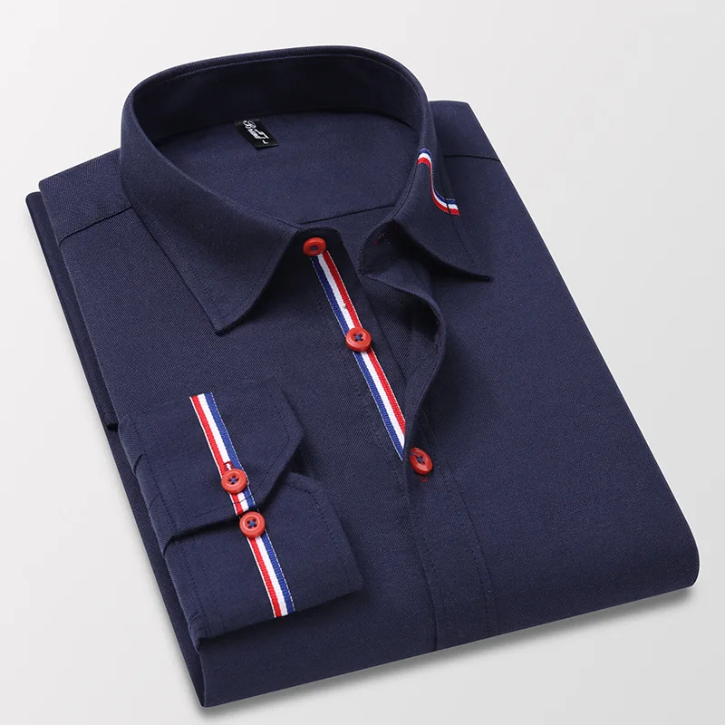 Men's Long Sleeve Oxford Striped Casual Shirt Front Patch Regular-fit Button down Collar Thick Work Shirts Long Sleeve Shirt Men Casual Shirt