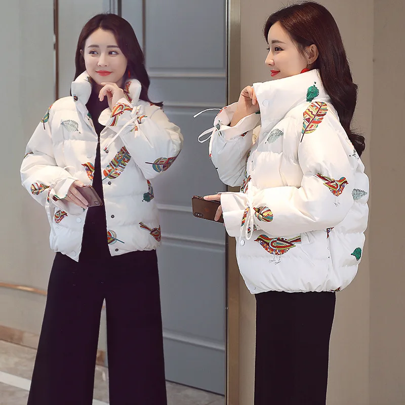 

2018 Autumn And Winter New Style Korean-Style Cotton Coat Stand Collar Printed Single Breasted Fashion Warm Cotton-padded Clothe
