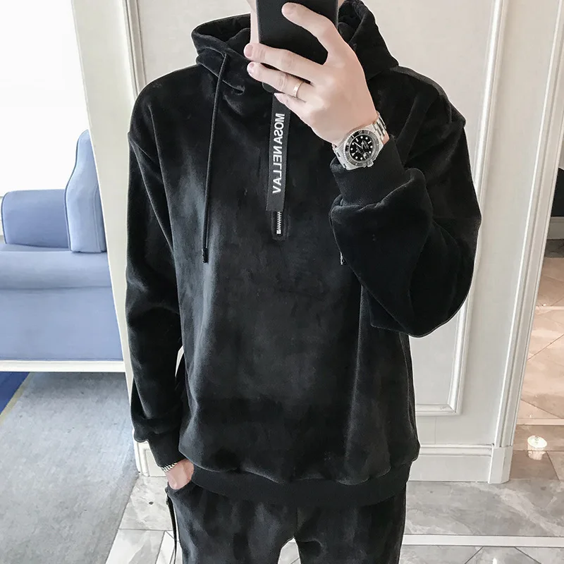 Men Hooded Winter New Plus Velvet Thickening Men'S Hooded Casual Suit Mens Sportswear Two-Piece Fashion Slim Male Sportswear