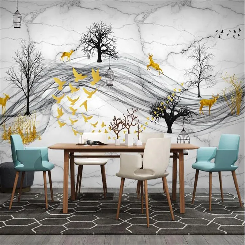 Large 3D Wallpaper Mural Custom Nordic Forest Elk Abstract Smoke Flying Bird TV Sofa Background Wallpaper Mural