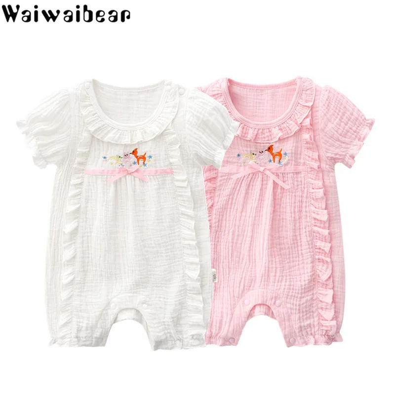 

Baby Girl Cute Jumpsuit Baby Short Sleeve Rompers Toddler Ruffle Climbing Breathable Linen Cloth High Quality Crawling Clothes