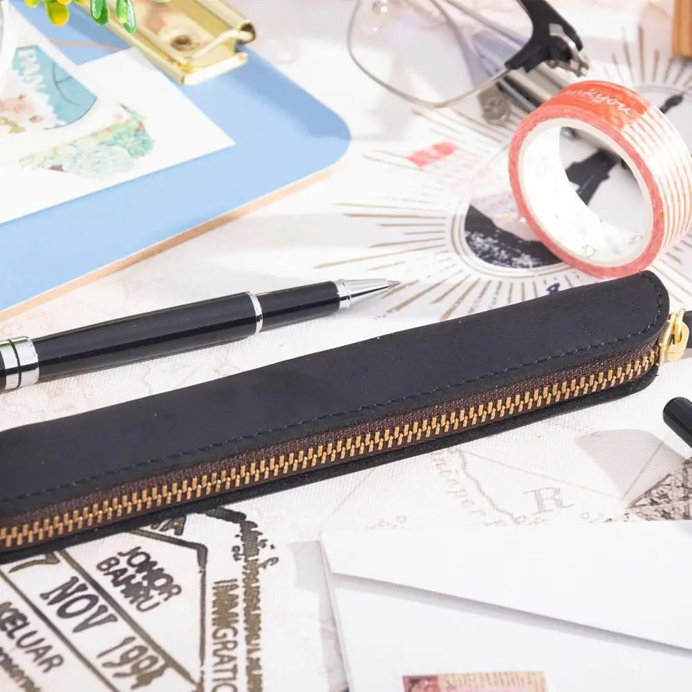 

Retro Simple Pencil Bag Leather Organizer Handwriting Mini Bag Pencil Case Protective Cosmestic Pencil Leath Portable Cover M9F5