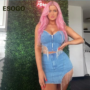 

Streetwear Tassel Denim Blue Woman 2 Piece Sets Sexy Zipper Sleeveless Tube Tops Irregular High Waist Women Skirts 2020 New