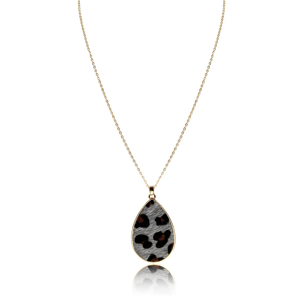Высокое качество повседневное женское длинное ожерелье леопардовая кожа печать воды подвеска в форме капли ожерелье для женщин Pary аксессуары - Окраска металла: ZN27335GRAY
