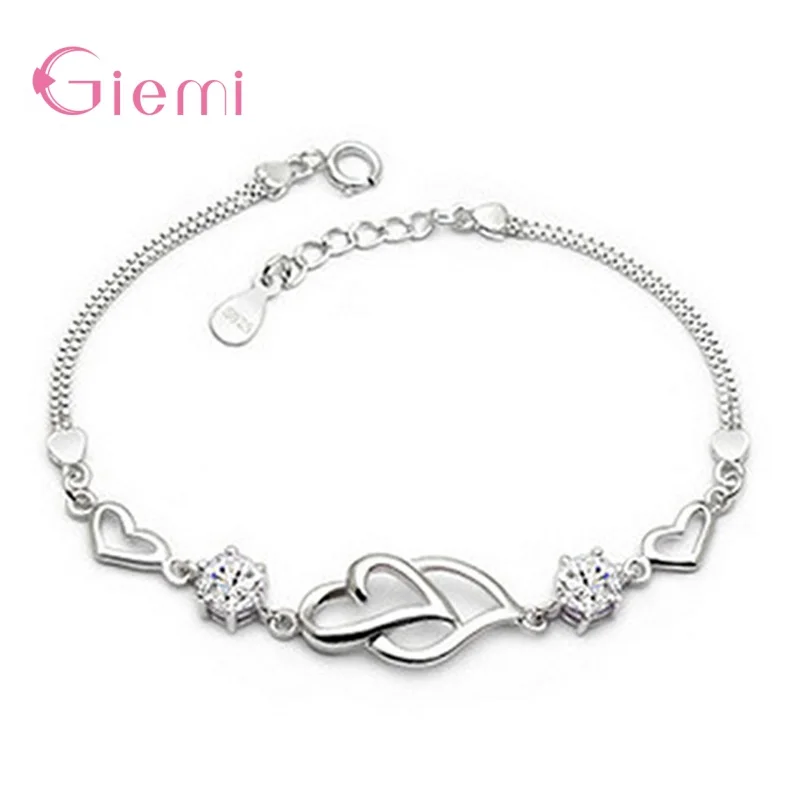

Silver Genuine 925 Lobster Clasp Chain Bracelet For Women Heart-To-Heart Pendant Silver Jewelry Female Christmas Gift