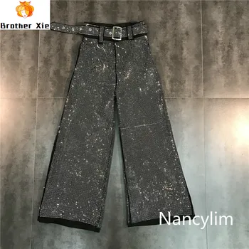 

Nancylim Wide Leg Pants Women 2020 Spring New Heavy Full Leg Hot Drill Sparkling Trend Belt Broad-legged Pants Casual Trousers