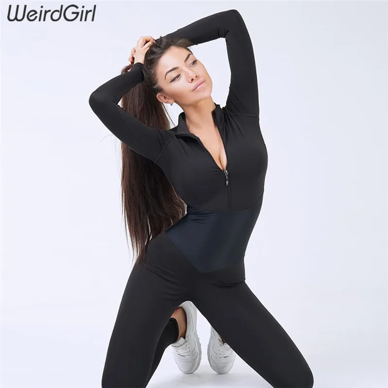 Baratos Weirdgirl Mujeres Nuevo Bodi casual moda fitness mono manga larga de longitud completa Delgado color sólido cremallera stracksuit
