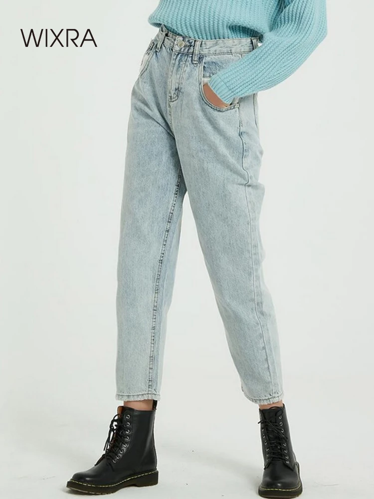 

Wixra New Solid BF Casual Women's Denim Jeans Pants High Waist Pockets Trousers Spring Autumn Ladies Jeans