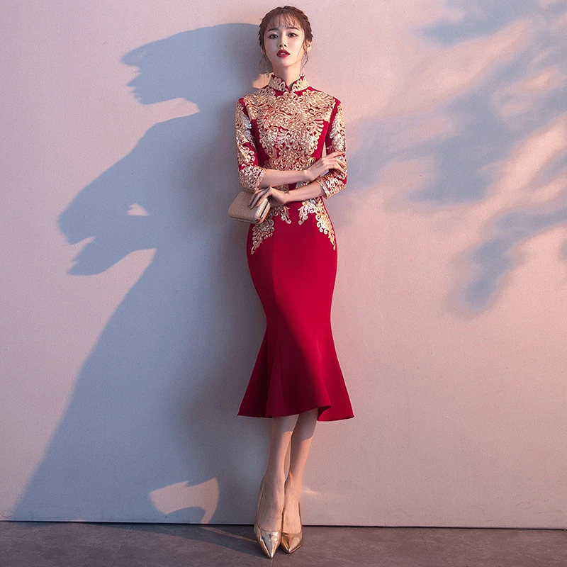 Восточное вечернее платье Cheongsam красное свадебное платье Qi Pao китайские свадебные платья с длинным рукавом Qipao Промотирование халат