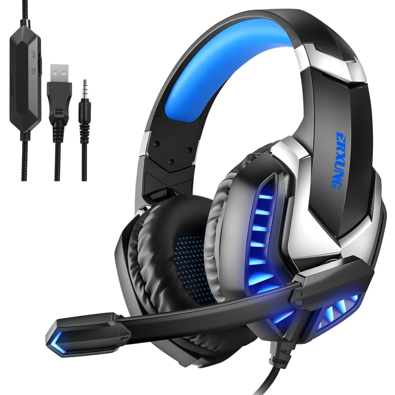 J30 Head mounted Gaming Headset Microphone Wired Stereo Bass USB Headphones Colorful Glow LED Light Computer PC Earphon
