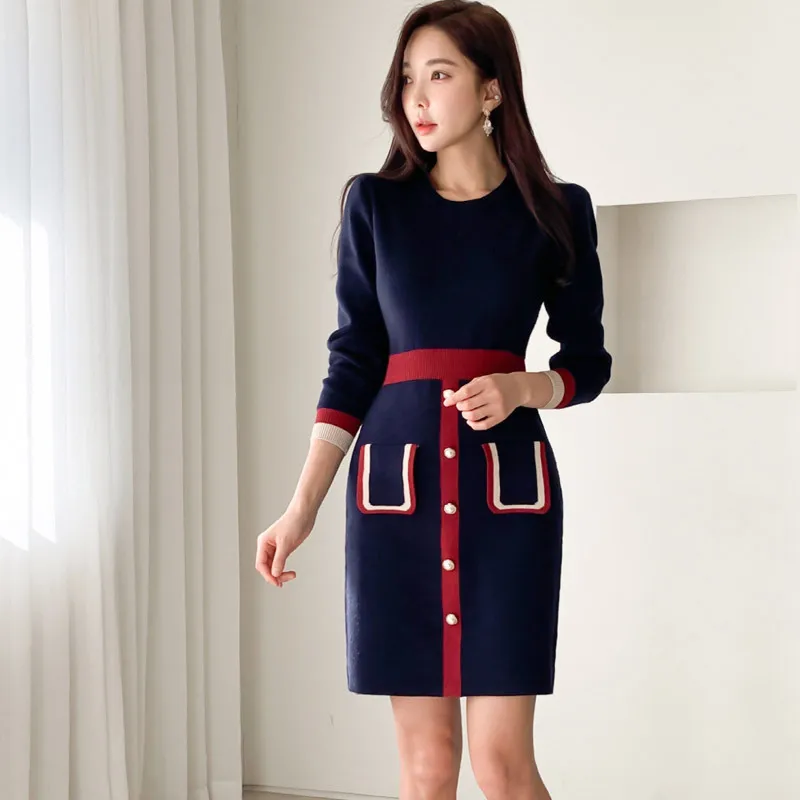 

2020 Spring Clothing New Style Korean-style Elegant Crew Neck Mixed Colors Slim Fit Slimming Knitted Base Skirt Dress Sweater Wo