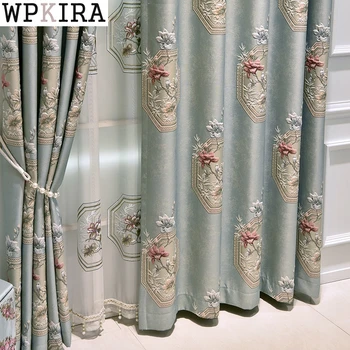 

Luxury Blue Jacquard Shade Curtains ForLiving Room Bedroom European Embroidered Curtains Tulle Royal Home Decoration S051&40