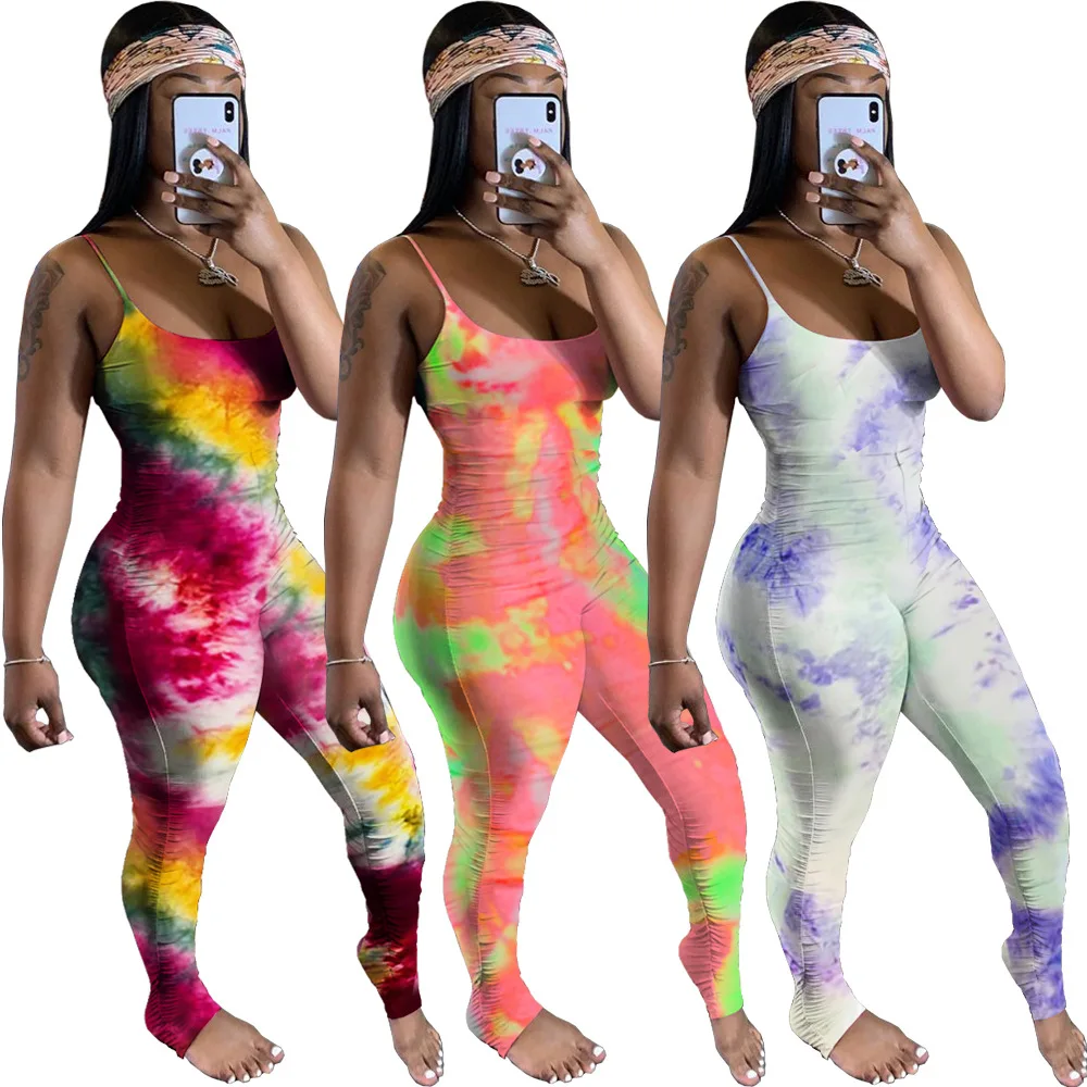 

Tie Dye Pint Sexy Strap Bodycon Stacked Ruched Pleated Jumpsuit Women Skinny Club Outfits Rompers One Piece Skinny Playsuit
