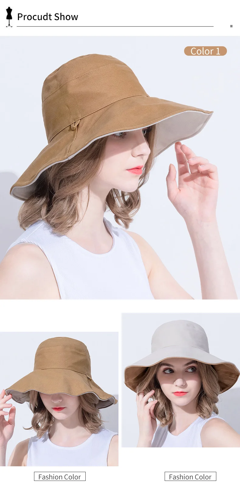 Женская опракидывающая шляпа-ведро из чистого хлопка, однотонная модная летняя Солнцезащитная шляпа с широкими полями, хлопковые кепки для рыбаков, уличная струнная шляпа