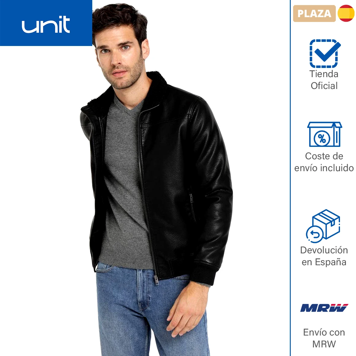 Unit - Cazadora de hombre de poli piel con elástico ajustable en cintura y puños. Ropa de abrigo para primavera y otoño