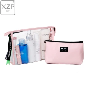 

XZP New PVC Transparent Soild Cosmetic Bag 2pcs/Set PU Travel Makeup Bag Toiletry Storage Sorting Bag Women Girls Necesserie