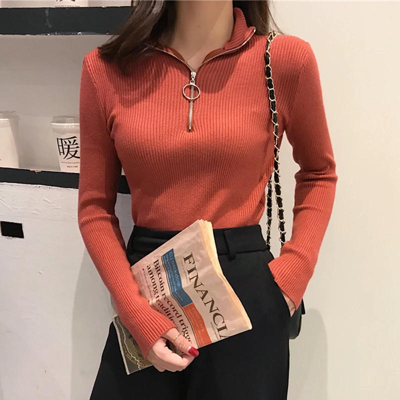 2022 Knitted Women Zipper High Neck Sweater Pullovers Turtleneck Autumn Winter Basic Women Sweaters Slim Fit Black Pull Femme