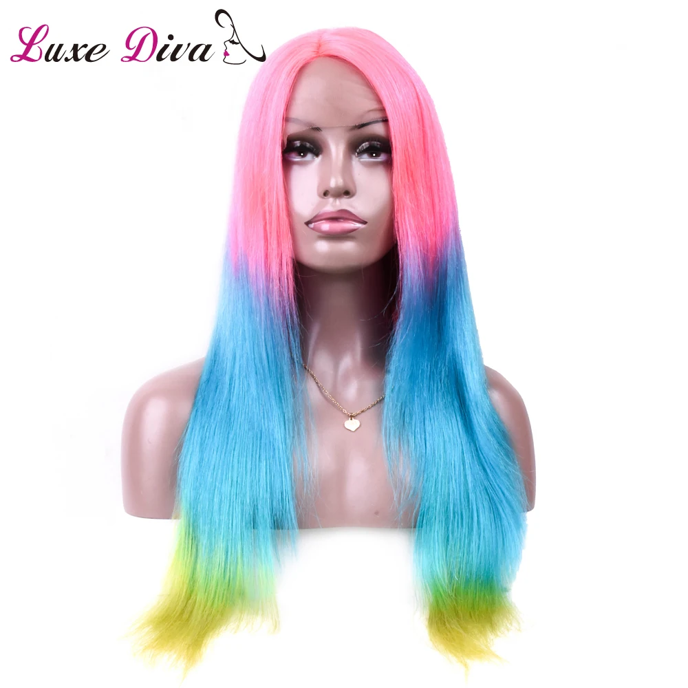 

Luxediva Brazilian Wigs Lace Front Human Hair Wigs 3 Tone Ombre TPink/Blue/Yellow Color Remy Straight Long Wigs 30inch Lace Wigs