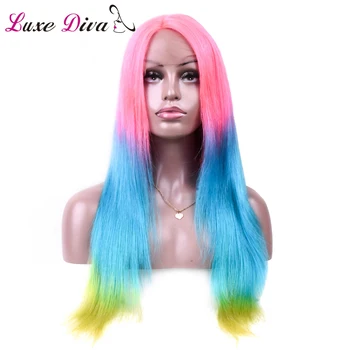 

Luxediva Brazilian Wigs Lace Front Human Hair Wigs 3 Tone Ombre TPink/Blue/Yellow Color Remy Straight Long Wigs 30inch Lace Wigs