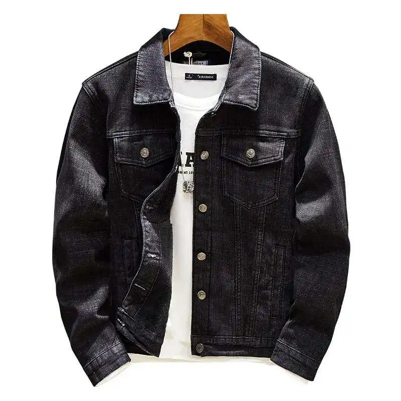 Spring Autumn Men's Classic Black Slim Casual Denim Jacket Washed Black