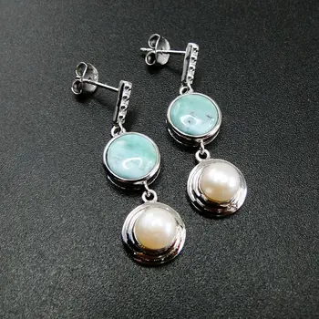 

925 Sterling Silver Natural Larimar & Pearl Women Stud Earrings for Engagement / Wedding / Party /Gift / Birthday