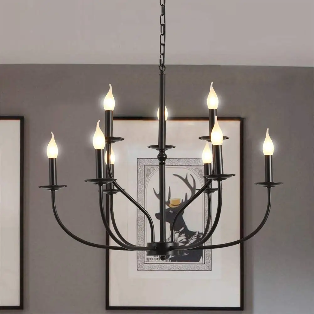 Ganeed Black Classic Candle Chandelier E12 E14 9-Light Fixture Hanging Light Vintage Pendant for Living Dining Room Kitchen Home
