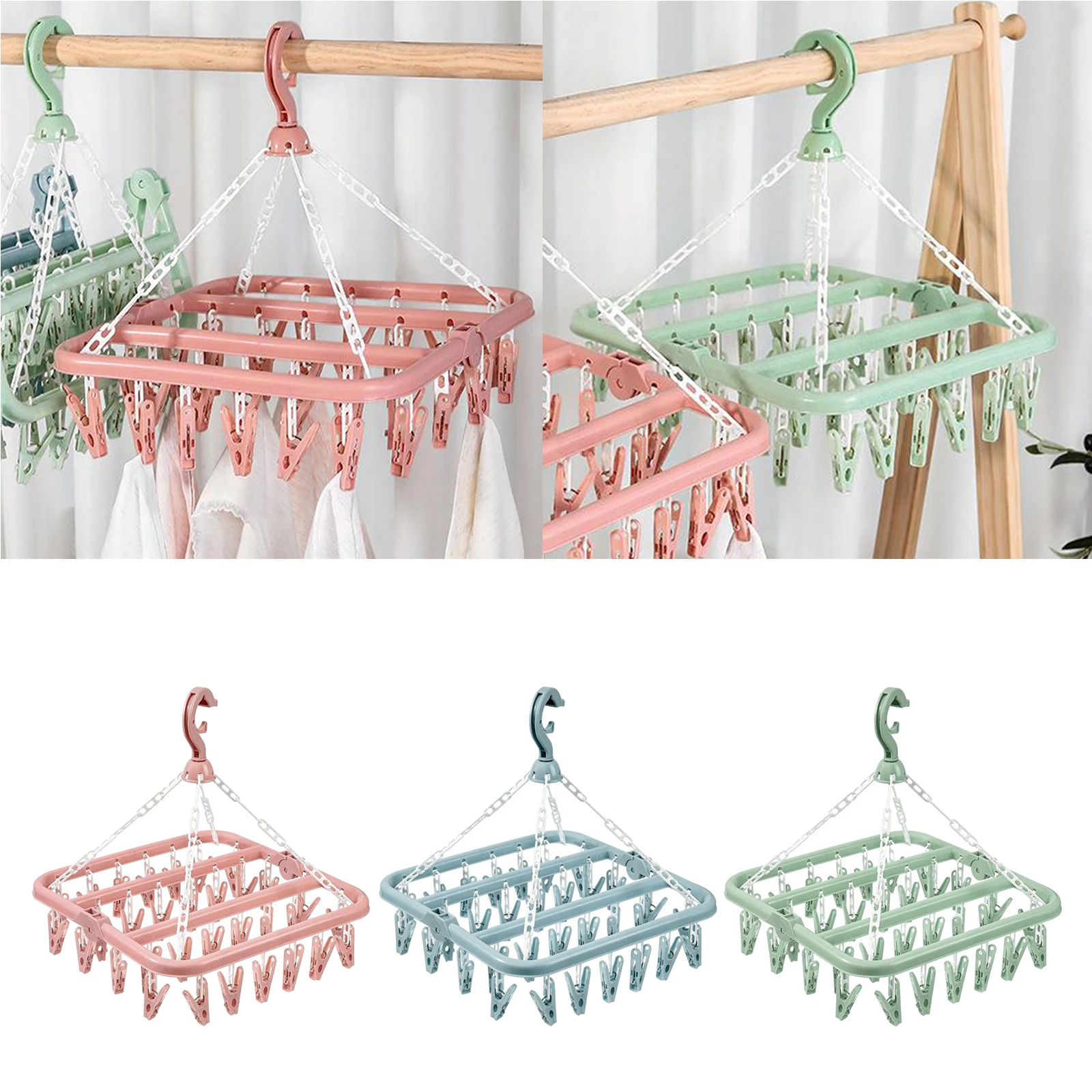 Clothes Drying Rack, 32 Clips Laundry Drying Rack Folding Sock Hanger, Clothes Hangers for Drying Towels, Bras, Baby Clothes Clothes Drying Rack, 32 Clips Laundry Drying Rack Folding Sock Hanger, Clothes Hangers for Drying Towels, Bras, Baby Clothes