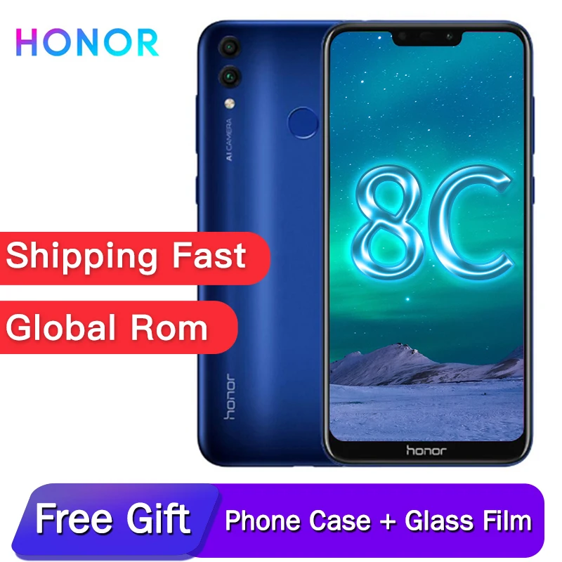 Скидка Оригинал honor 8C 6.26in распознавание лица Snapdragon 632 Восьмиядерный фронтальный 8.0MP двойная задняя камера 4000 мАч 3 слота дл