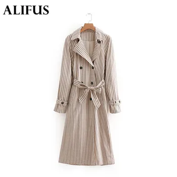

Fashion Za Women Cotton Striped Long Trench Coat Female Doube Breasted Trench Sashes England Style Turn Down Neck Outerwear
