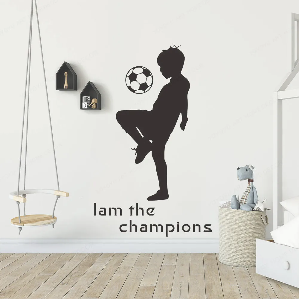 

Cartoon boy playing soccer vinyl wall stickers funny sports wall art for kids roombedroom house room removable wall poster HL241