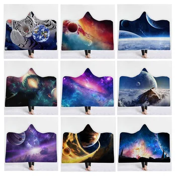 

Anime Universe Galaxy Printed Plush Hooded Blanket For Adults Kid Warm Home Sofa Wearable Double layer Fleece Throw Blankets