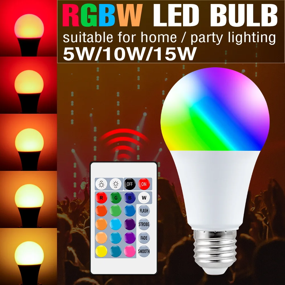 

Bulb RGB Spot Light E27 Change Color Lamp RGBW With IR Remote Control Smart Bulbs 5W 10W 15W Holiday Party Decor Night Bombillas